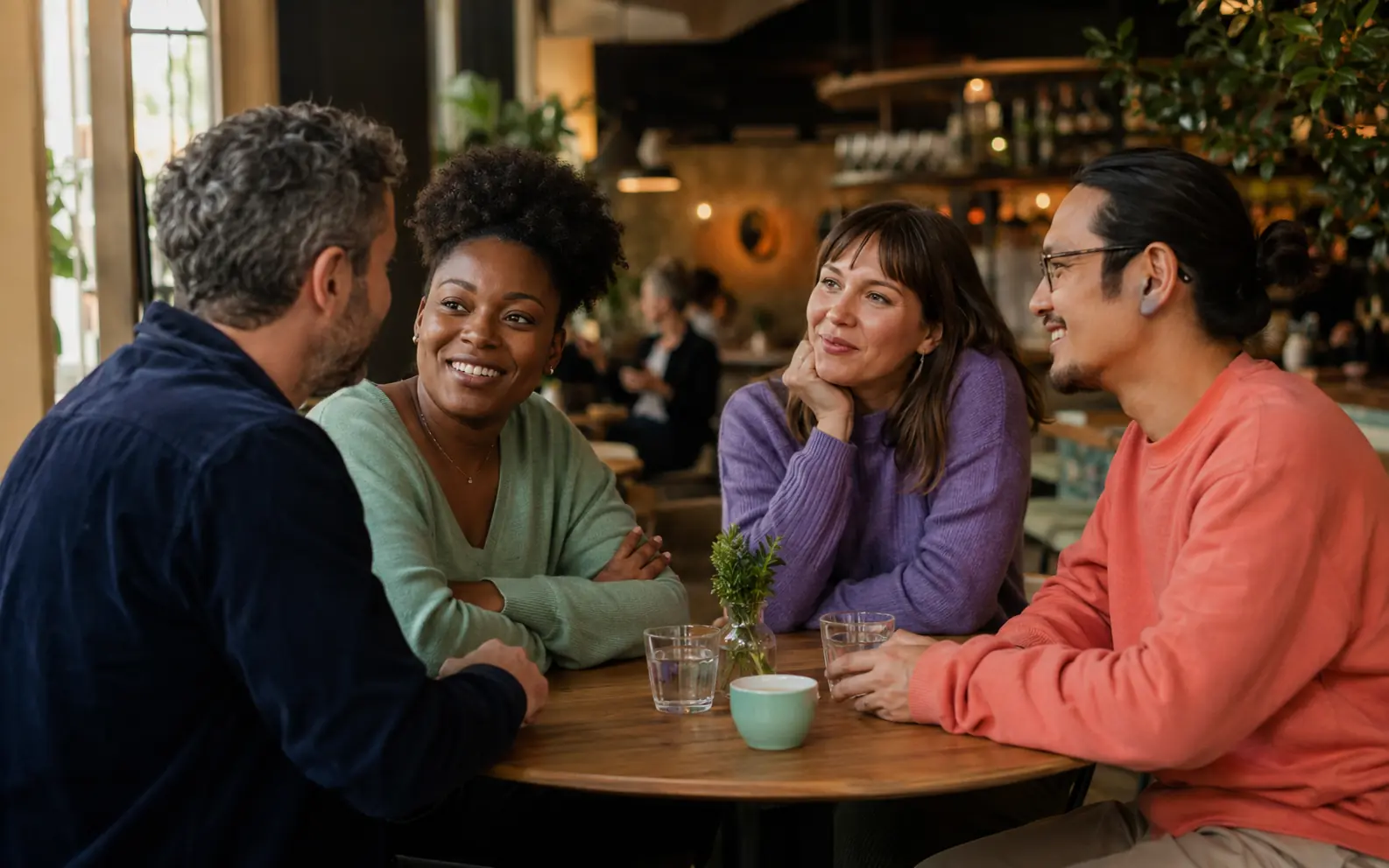 Gruppo di adulti che conversa in un locale pubblico